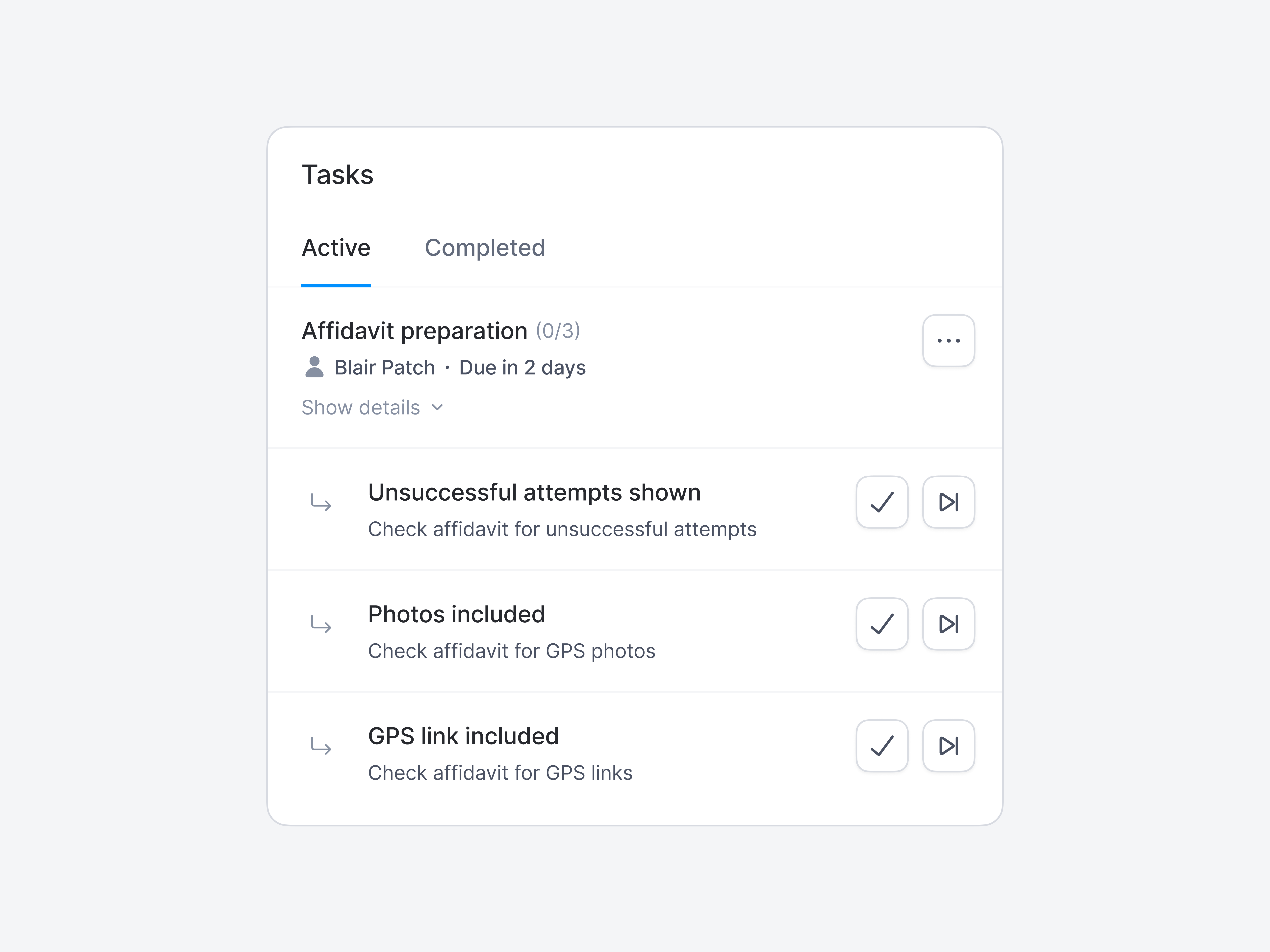 Task routing — active tasks with affidavit preparation checklist and assignment