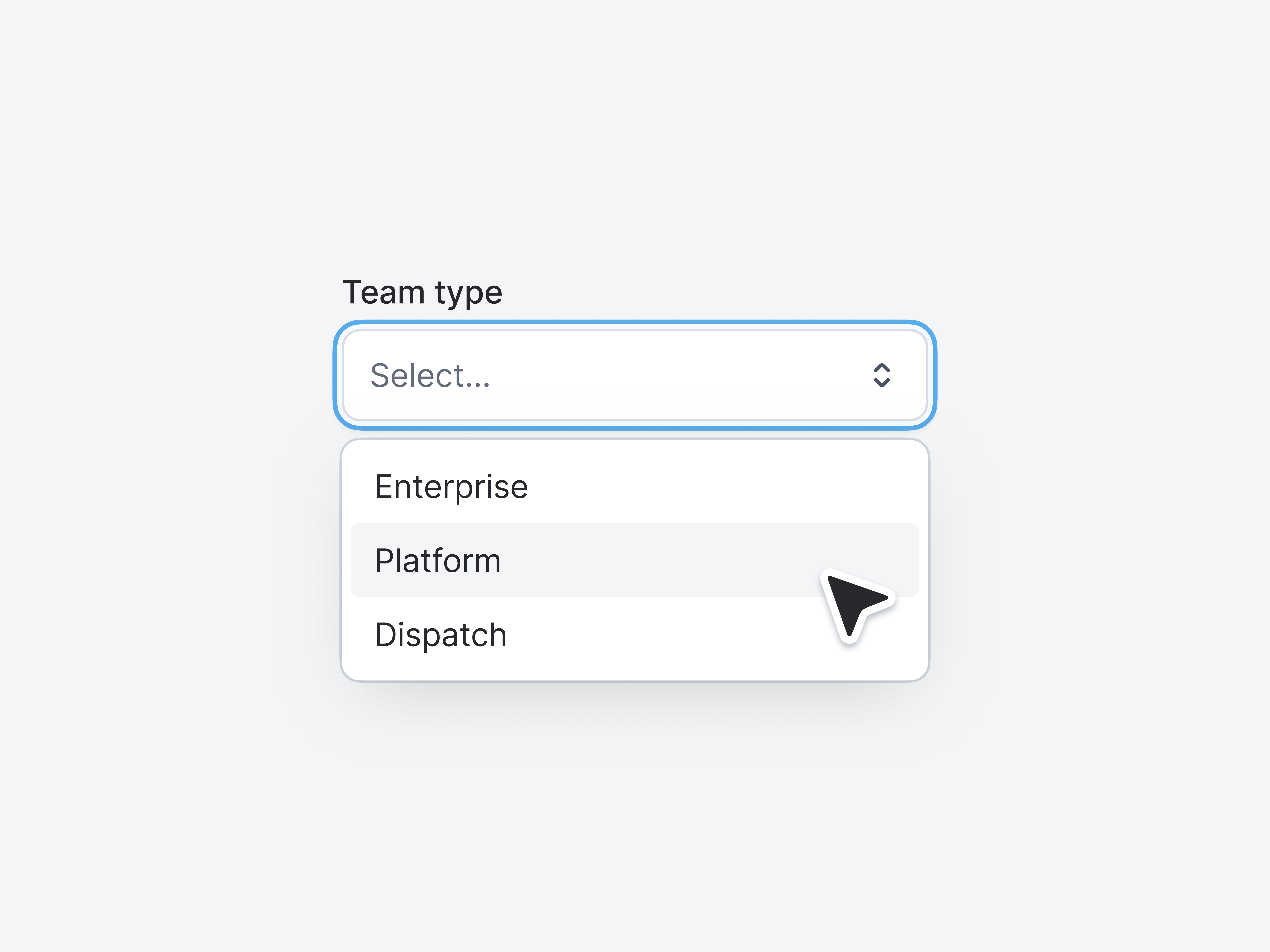 Team type combobox with Enterprise, Platform, and Dispatch options