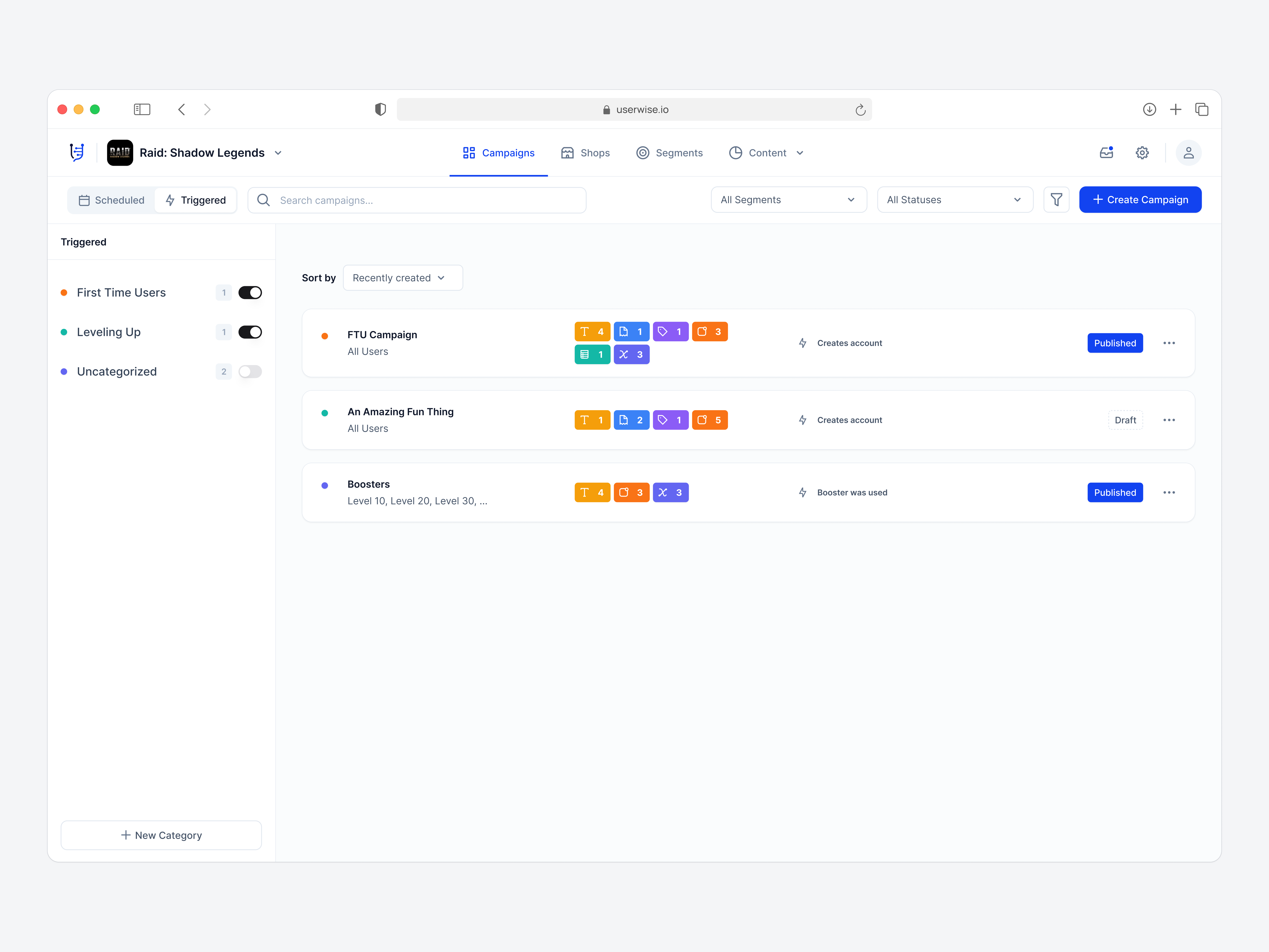 Campaigns root view for Schedule or Triggered campaigns